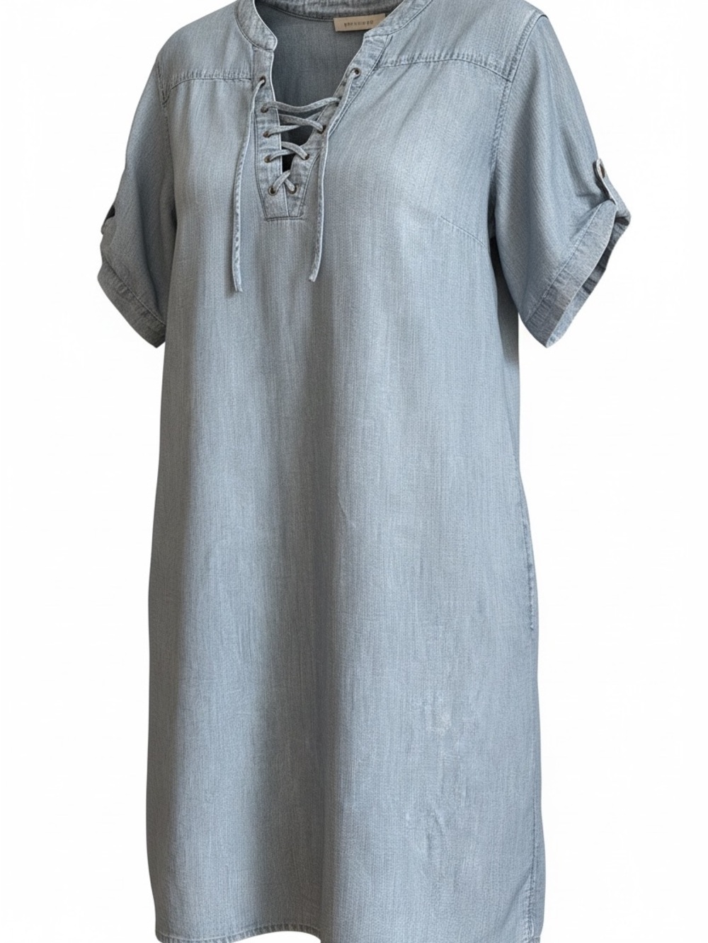 Light Wash Tencel Chambray Lace up Denim Shift Dress Blue Size Large